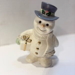Lenox porcelain snowman figurine holding a gift box Ivory Snowman Collection